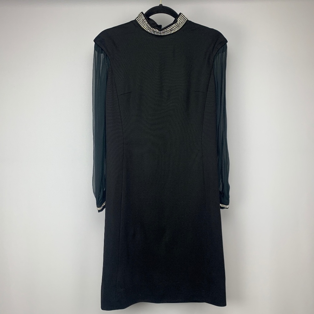 VINTAGE ALARON CALIFORNIA Black Diamond Neck And Cuff Sheer Sleeve Evening Dress